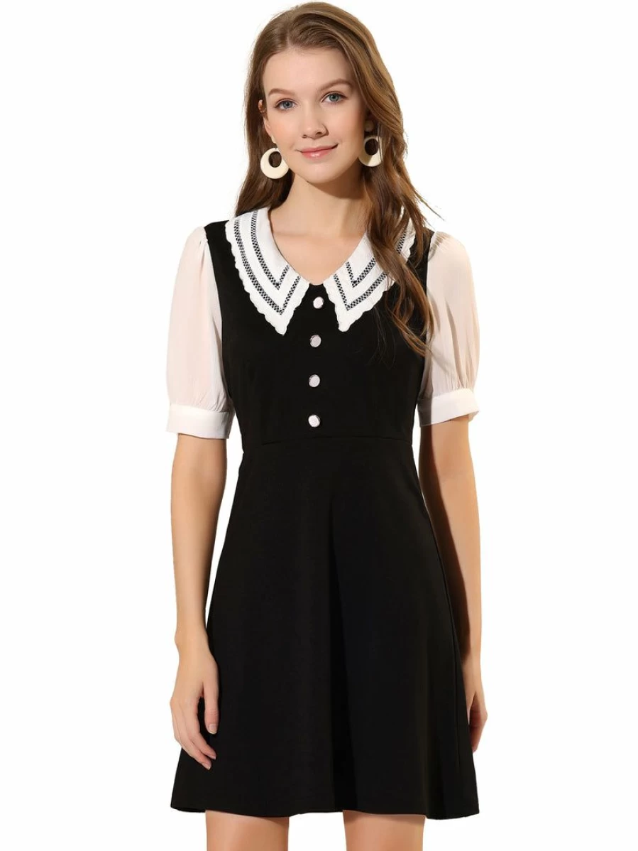 Black Lace Doll Collar Chiffon A-Line Dress with Button Cuffs and Zip Back