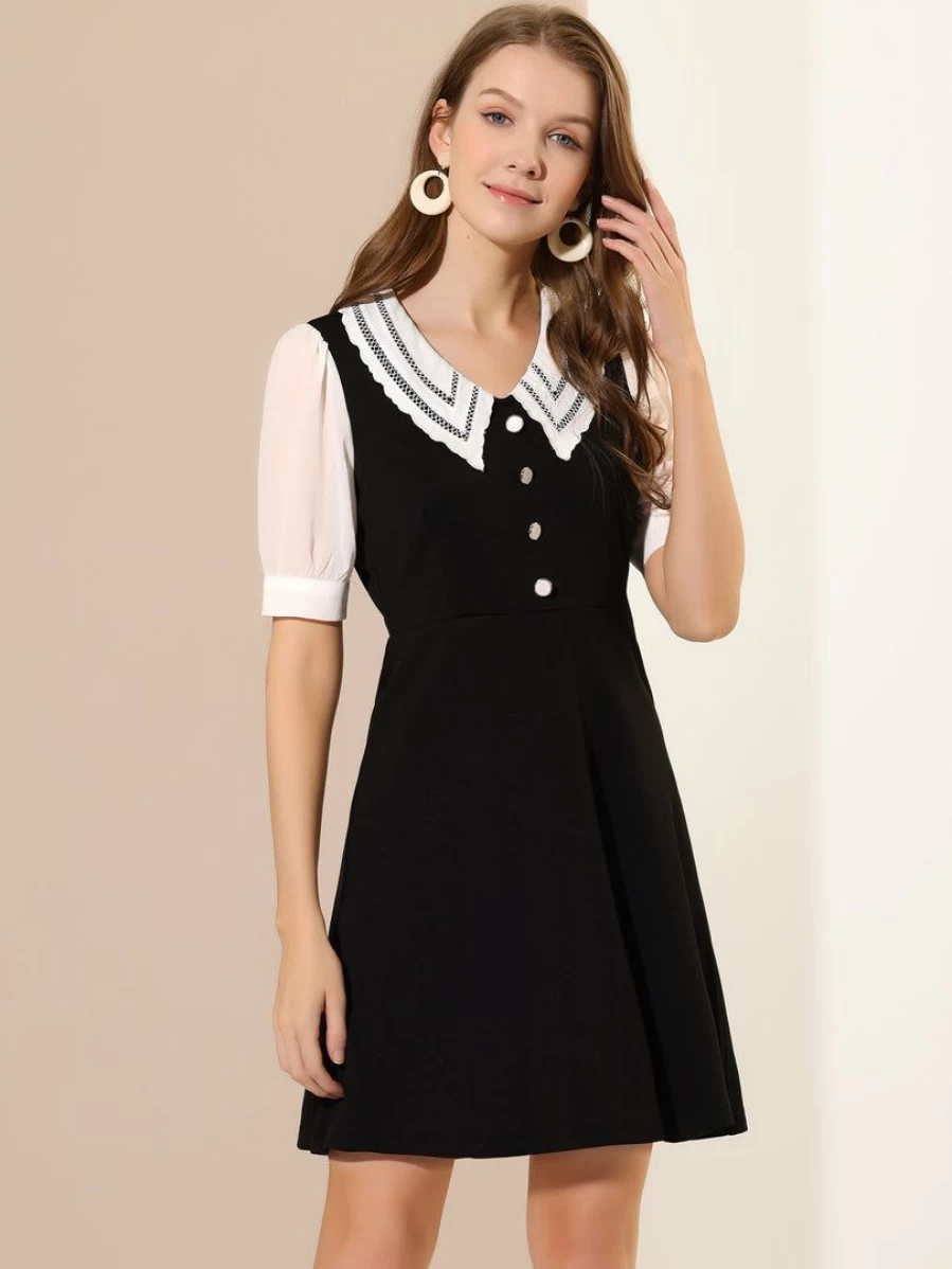 Black Lace Doll Collar Chiffon A-Line Dress with Button Cuffs and Zip Back