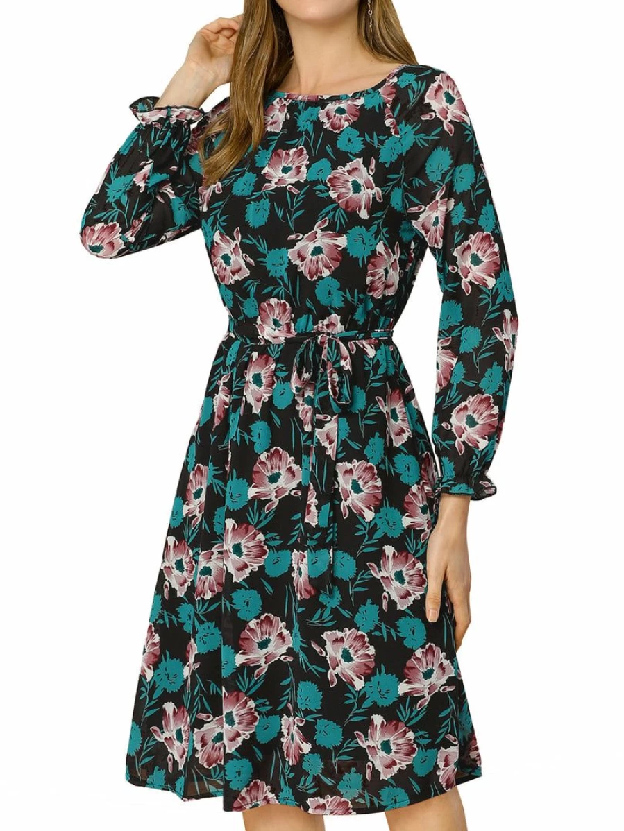 Black Floral Print Women's Dress with Raglan Sleeves and Elastic Waist Belt