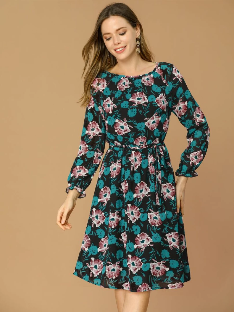 Black Floral Print Women's Dress with Raglan Sleeves and Elastic Waist Belt