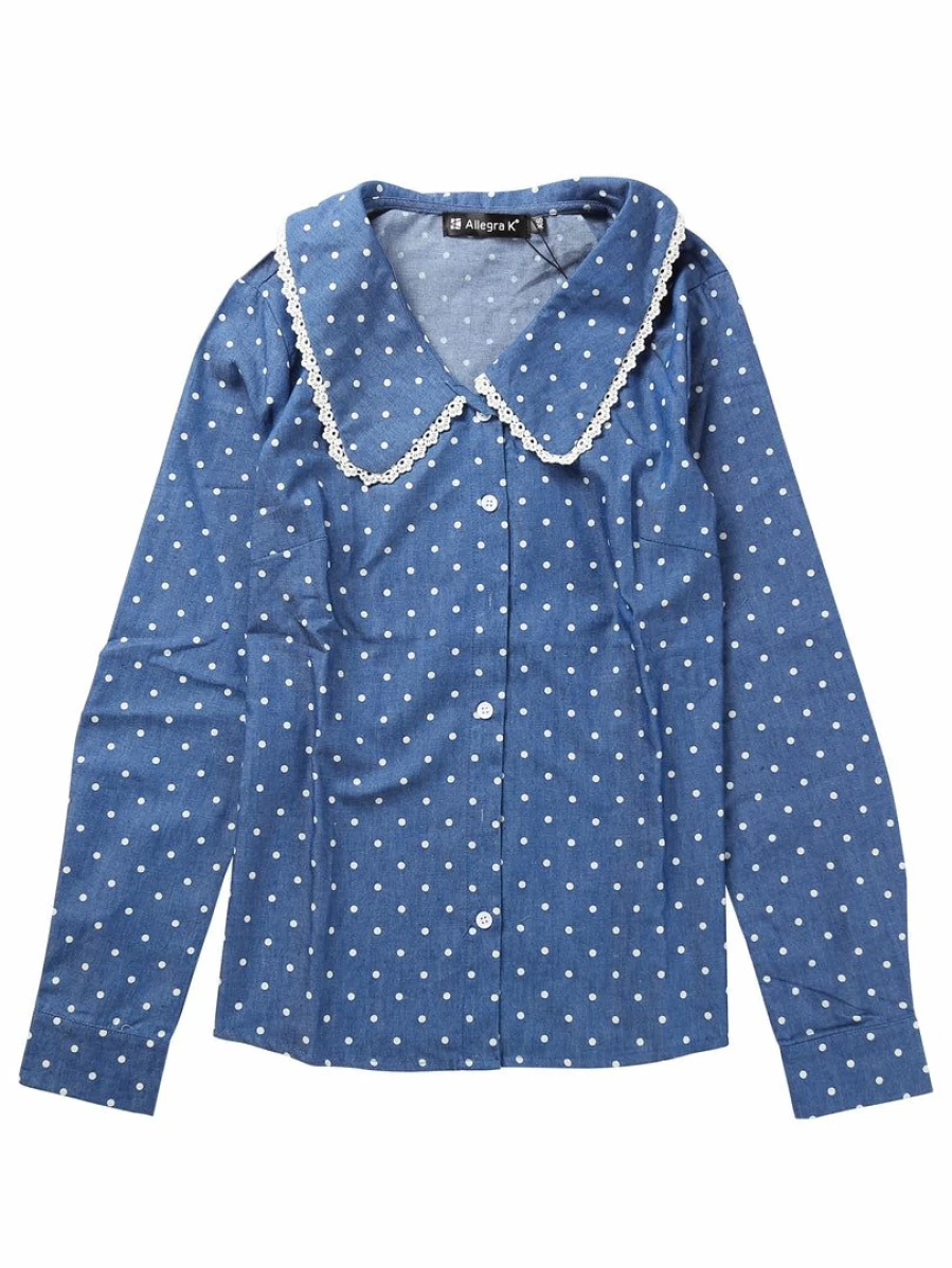 Dark Blue Women's Polka Dot Long Sleeve Blouse with Peter Pan Collar & Crochet Trim Button-Up Shirt
