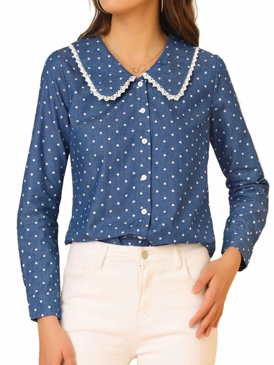 Dark Blue Women's Polka Dot Long Sleeve Blouse with Peter Pan Collar & Crochet Trim Button-Up Shirt