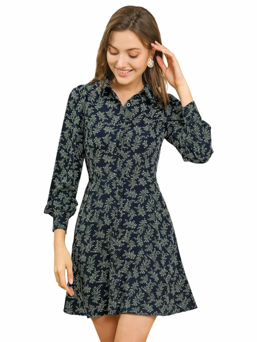 Blue Floral Printed Retro Mini Dress with Peter Pan Collar for Women