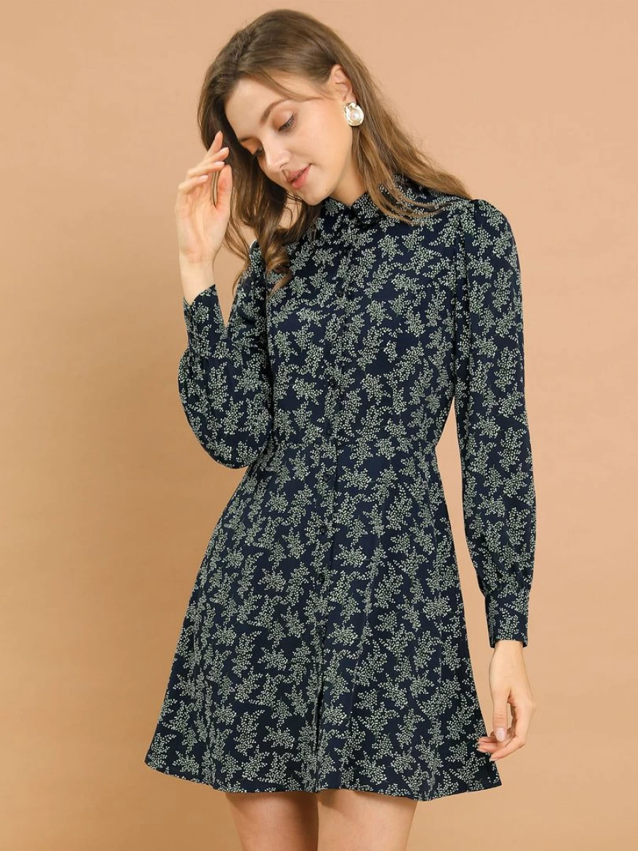 Blue Floral Printed Retro Mini Dress with Peter Pan Collar for Women