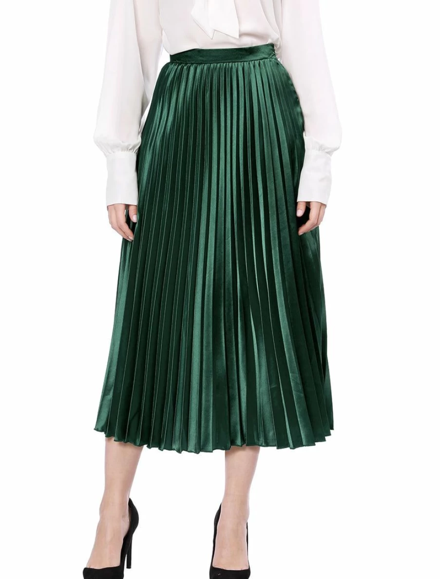 * Women's Metallic Shiny Pleated Midi Skirt with Elastic Waist for Party Wear