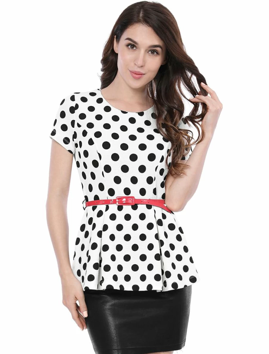 Women's Polka Dot Peplum Top with Contrast Belt and Short Sleeves