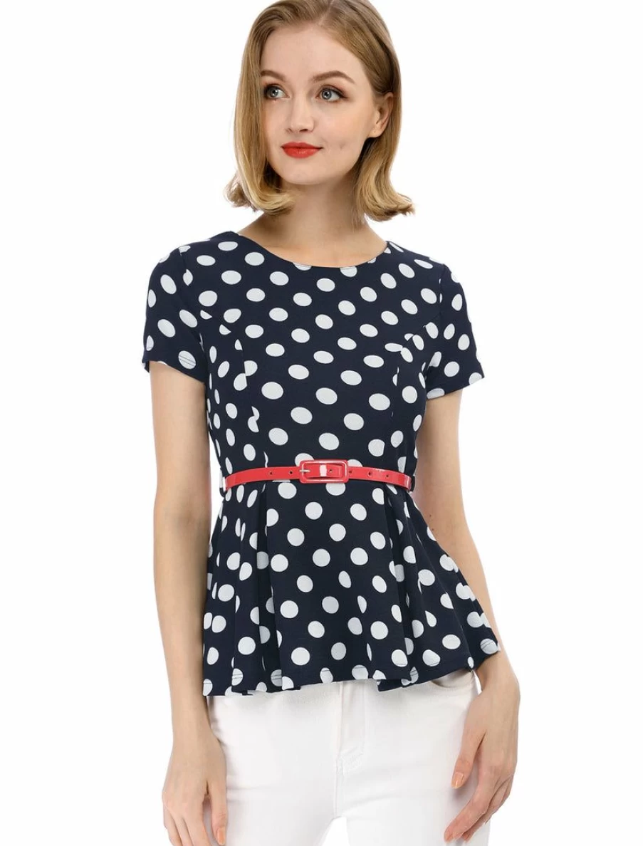 Women's Polka Dot Peplum Top with Contrast Belt and Short Sleeves