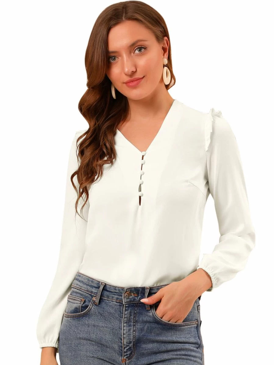 Women's White V-Neck Ruffled Long Sleeve Blouse for Office & Career Wear