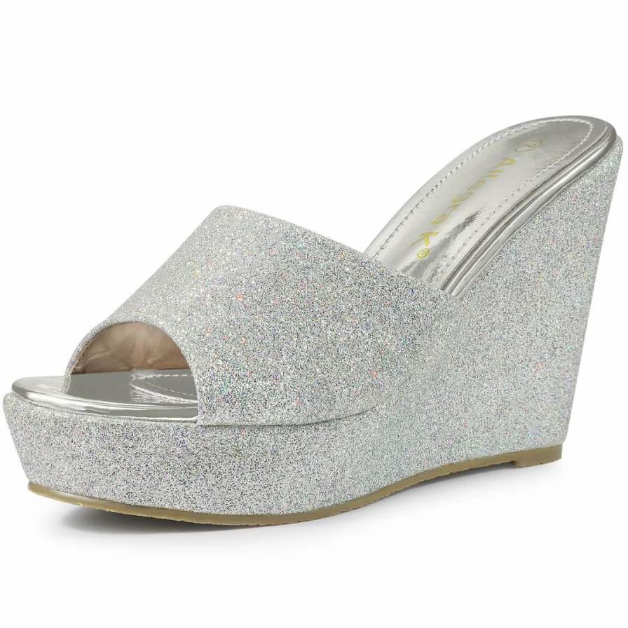 Sparkly Women's Wedge Heel Sandals Slip-On Platform Shoes with Glitter Design