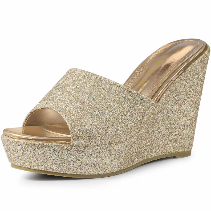 Sparkly Women's Wedge Heel Sandals Slip-On Platform Shoes with Glitter Design