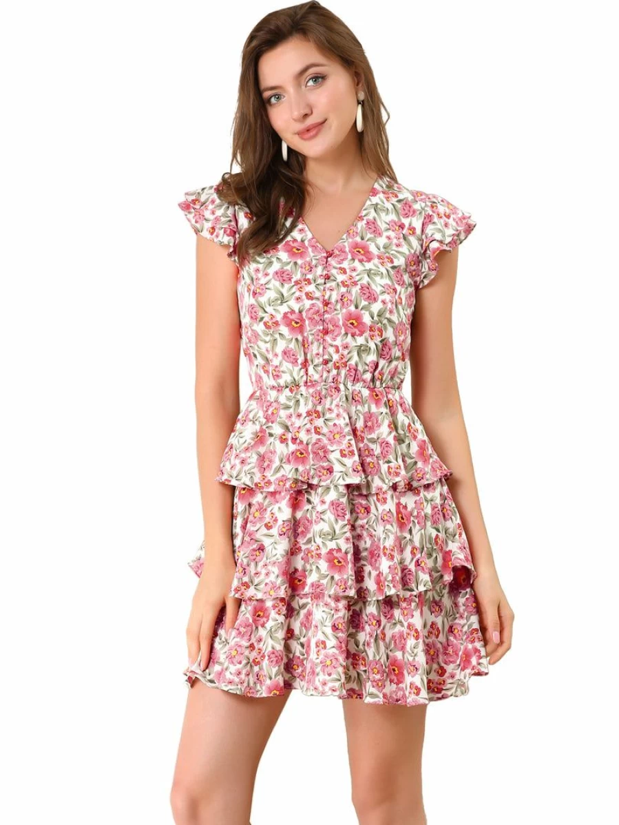Women's Floral V-Neck Ruffle Mini Dress with Layered Cap Sleeves for Valentine's Day