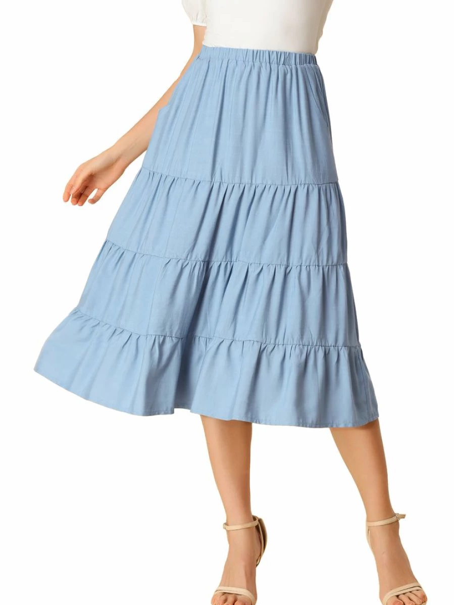 Blue Tiered A-Line Midi Skirt with Pockets for Women