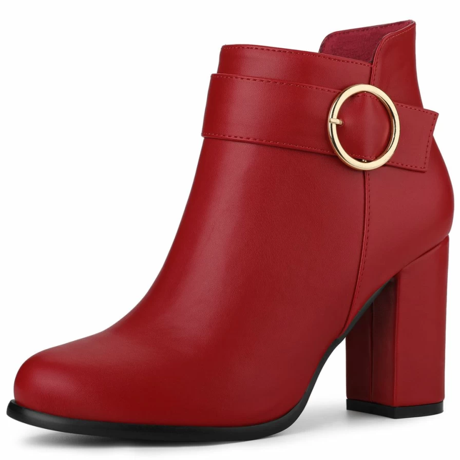Women's Chunky Heel Ankle Boots with Round Toe and Circle Buckle Design for Fashion and Comfort