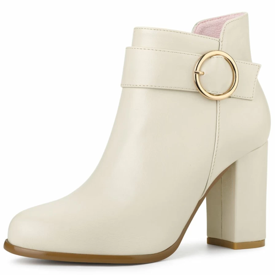 Women's Chunky Heel Ankle Boots with Round Toe and Circle Buckle Design for Fashion and Comfort