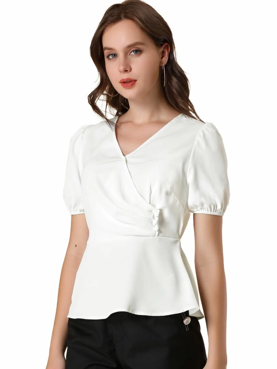 Women's White V-Neck Peplum Top with Puff Sleeves and Wrap Design