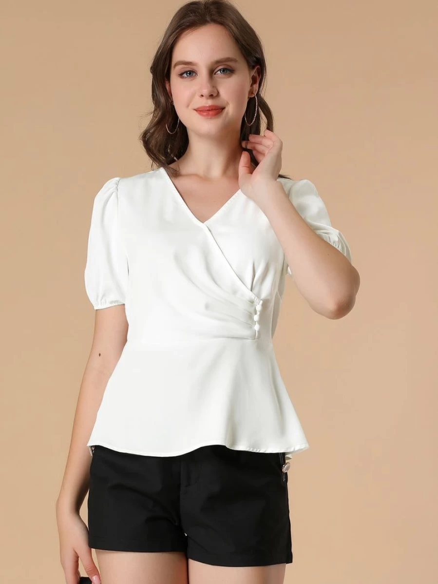 Women's White V-Neck Peplum Top with Puff Sleeves and Wrap Design