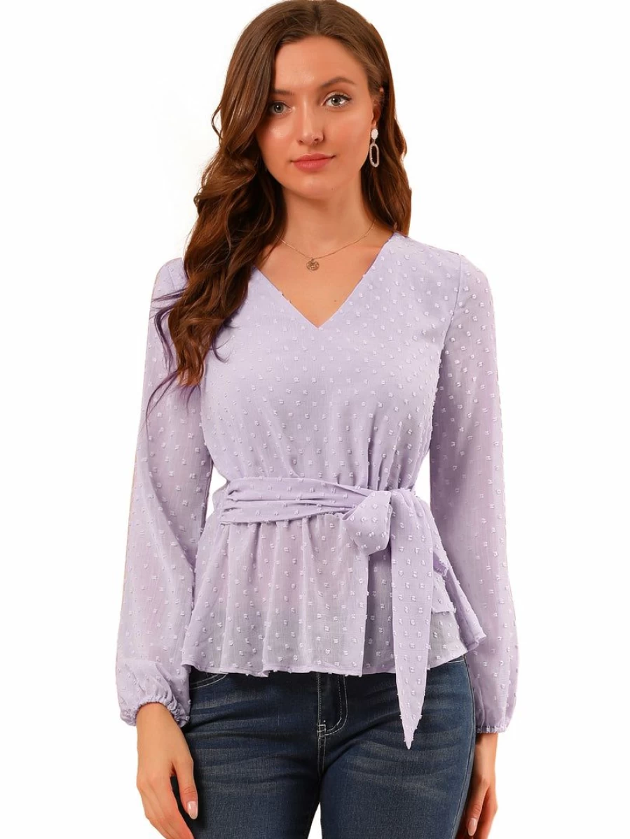 Lavender Purple Chiffon Peplum Top with V Neck Lantern Sleeves and Tie Waist for Women