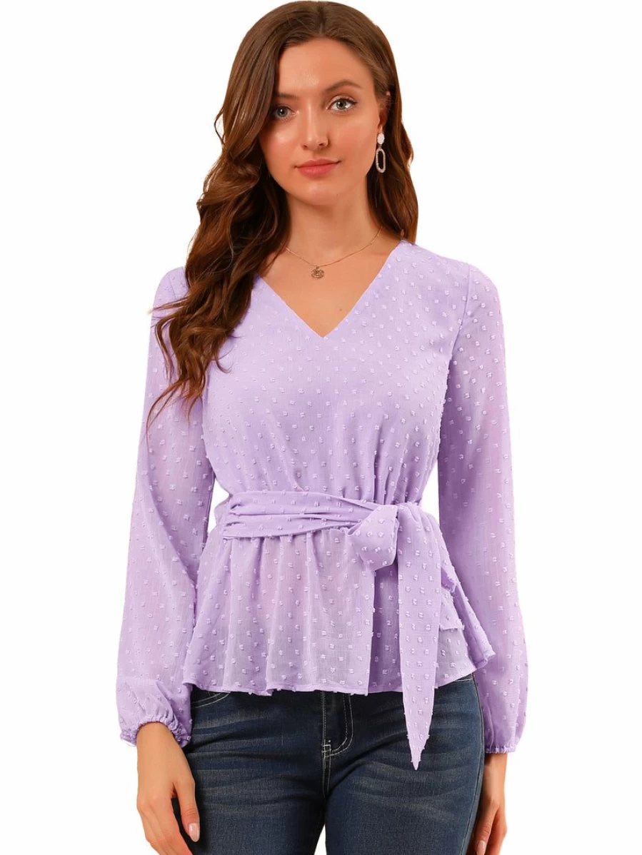 Lavender Purple Chiffon Peplum Top with V Neck Lantern Sleeves and Tie Waist for Women