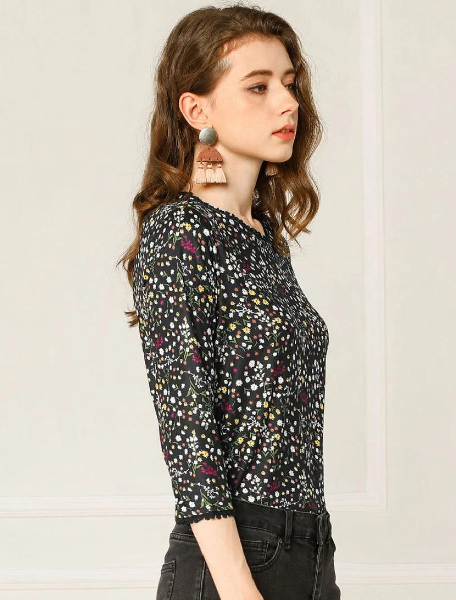 Women's Floral Lace Trim 3/4 Sleeve Tops Elegant Blouse Casual Chic T-Shirt