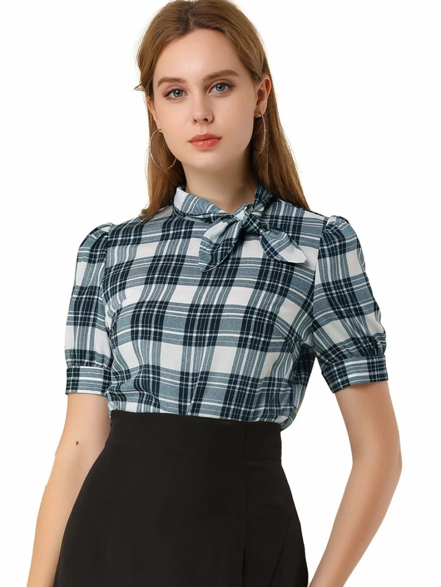 Navy Blue Retro Plaid Tie Collar Women's Blouse with Puff Short Sleeves