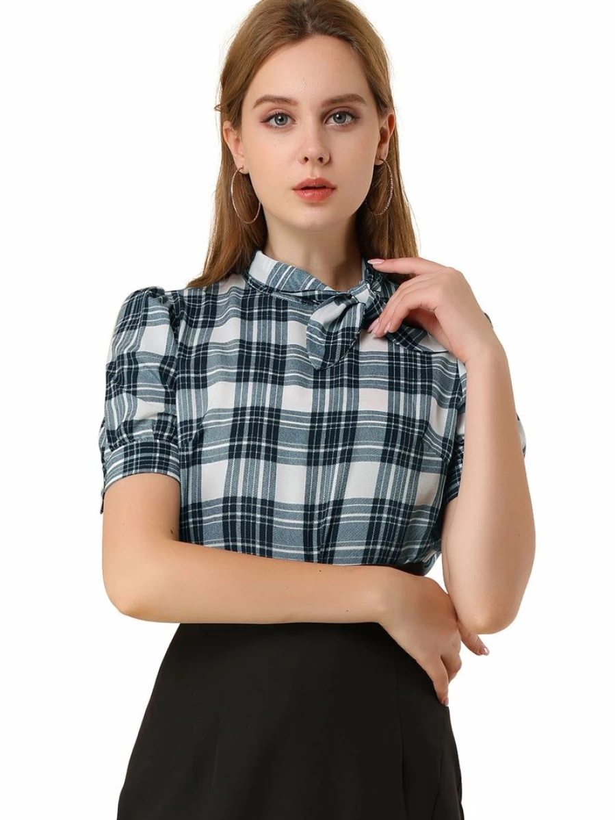 Navy Blue Retro Plaid Tie Collar Women's Blouse with Puff Short Sleeves