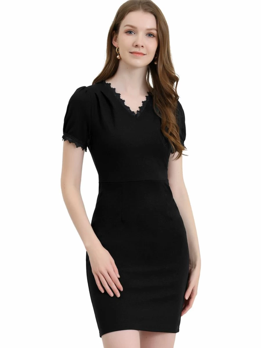 Black Elegant V-Neck Lace Trim Knit Short Sleeve Dress for Women