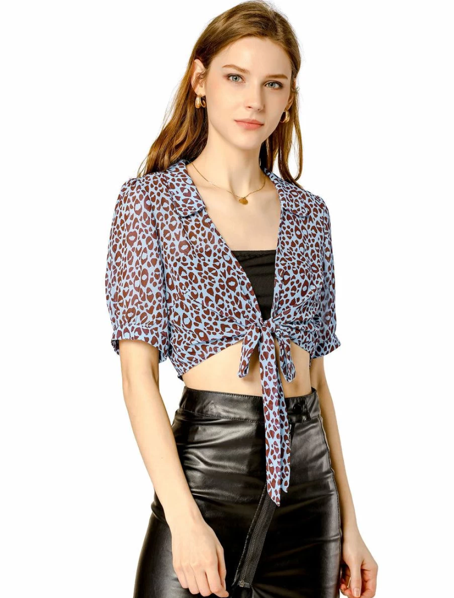 Blue Leopard Print Chiffon Crop Top Blouse for Women - Summer Bow Tie Style