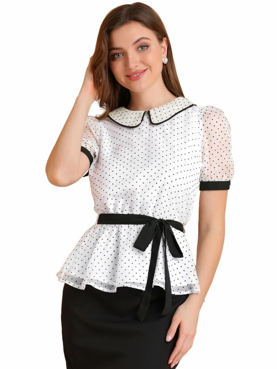 Women's White Tie-Front Doll Collar Casual Top with Contrast Trim - Stylish Blouse for Everyday Wear