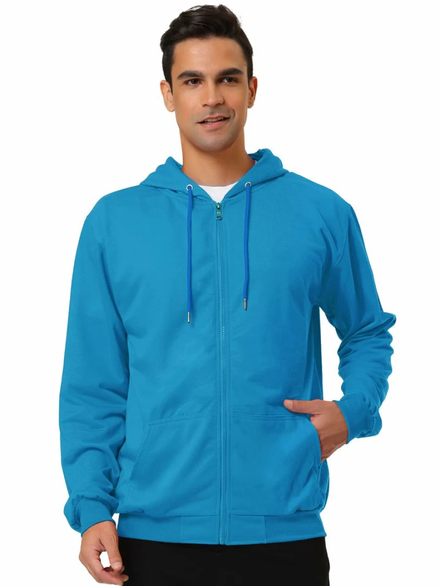 Men's Lightweight Full Zip Hooded Sweatshirt Solid Color Sports Jacket Long Sleeve
