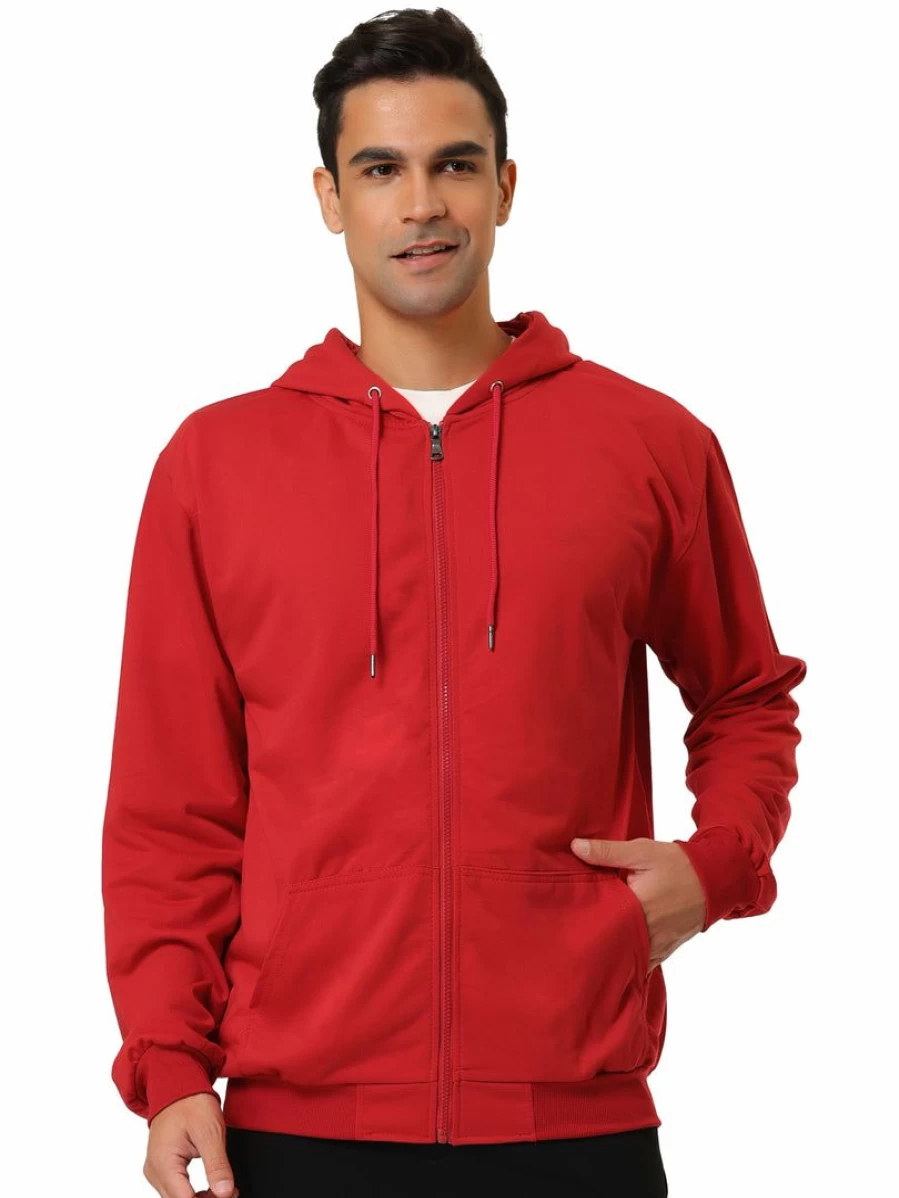 Men's Lightweight Full Zip Hooded Sweatshirt Solid Color Sports Jacket Long Sleeve