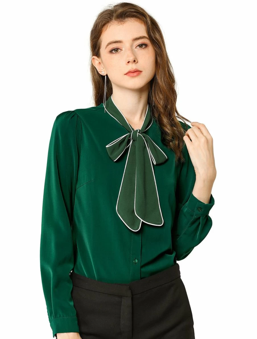 "Allegra K Women's Contrast Color Tie Neck Long Sleeve Blouse with Button Down Front"