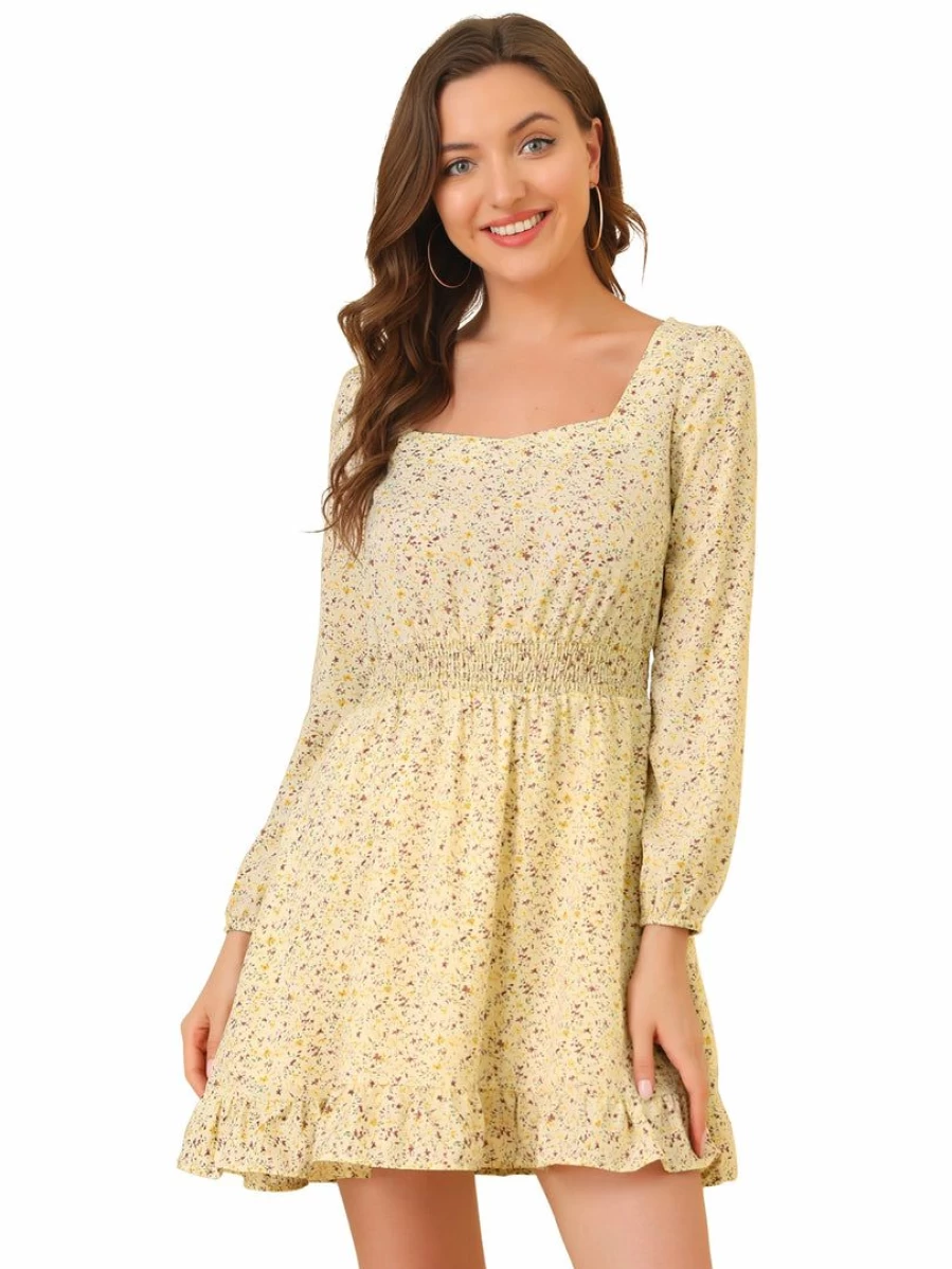 Allegra K Women's Apricot Floral Mini Dress with Smocked Waist and Ruffle Square Neck