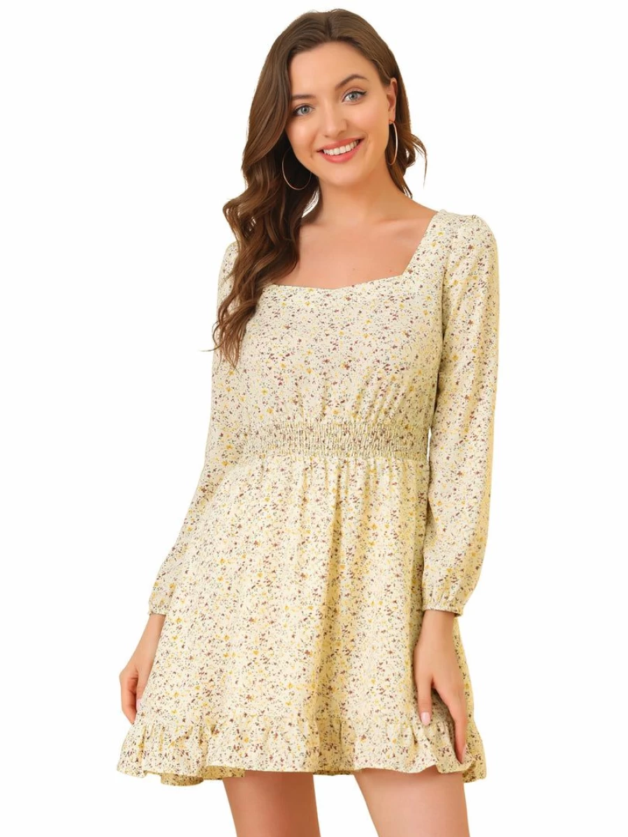 Allegra K Women's Apricot Floral Mini Dress with Smocked Waist and Ruffle Square Neck