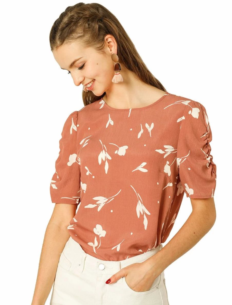 "Women's Floral Blouse Crew Neck Short Sleeve Summer Casual Top Shirred Design"
