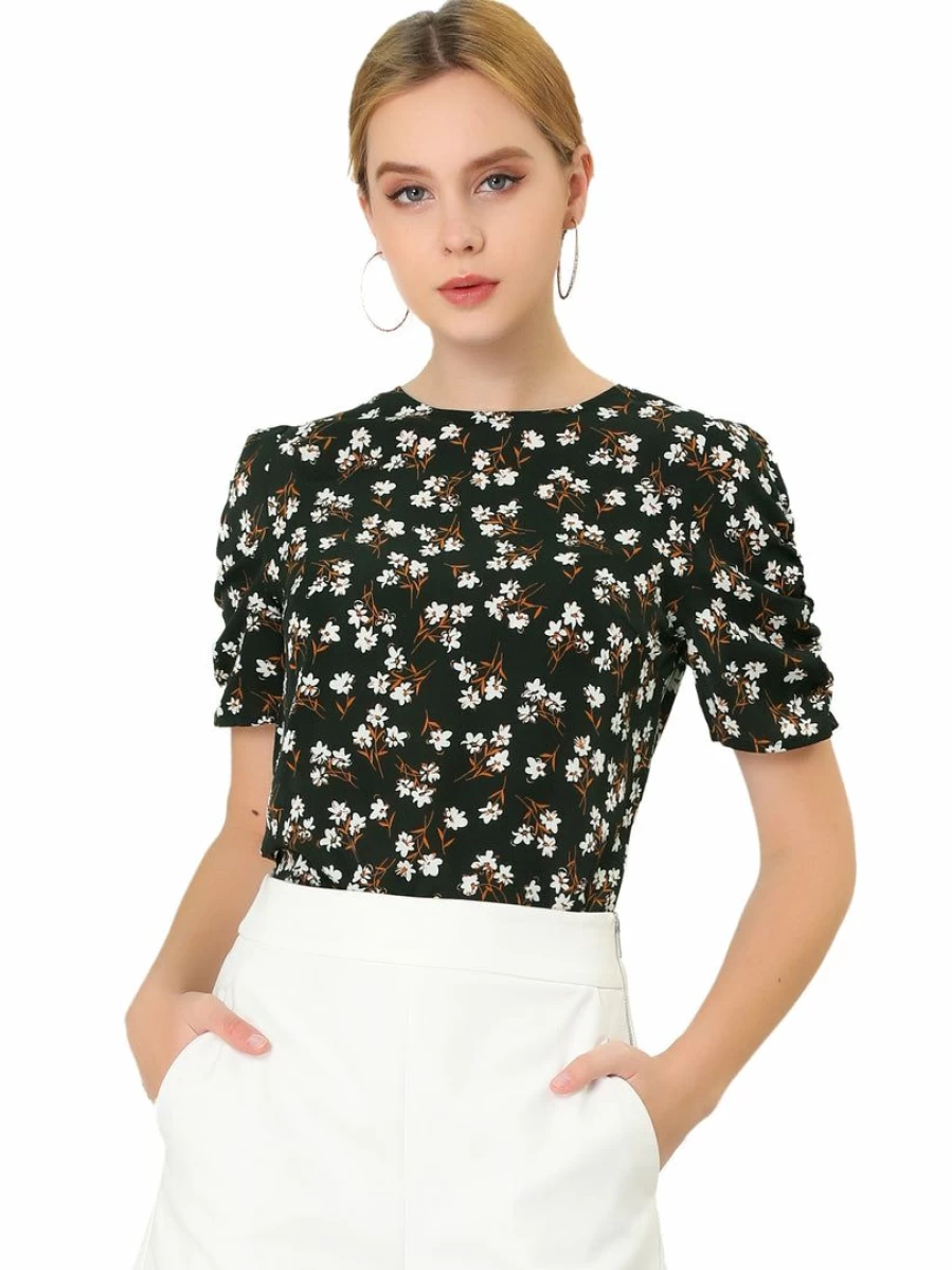 "Women's Floral Blouse Crew Neck Short Sleeve Summer Casual Top Shirred Design"
