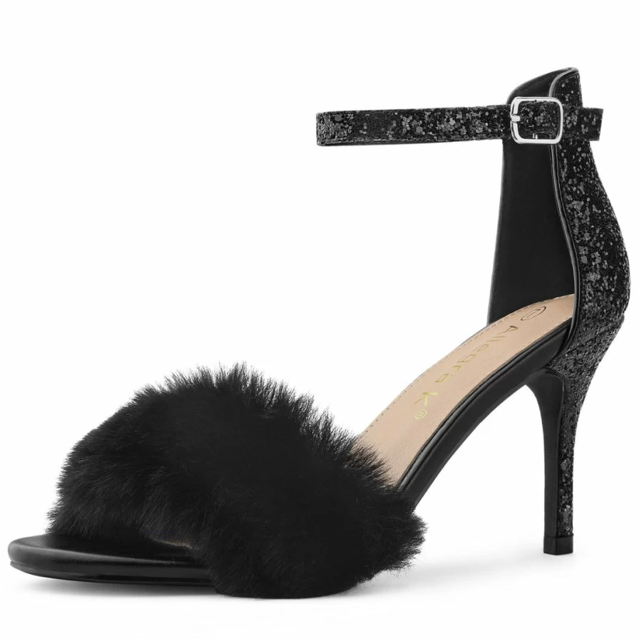 Sparkly Faux Fur Stiletto Heel Sandals for Women - Glamorous Party Shoes