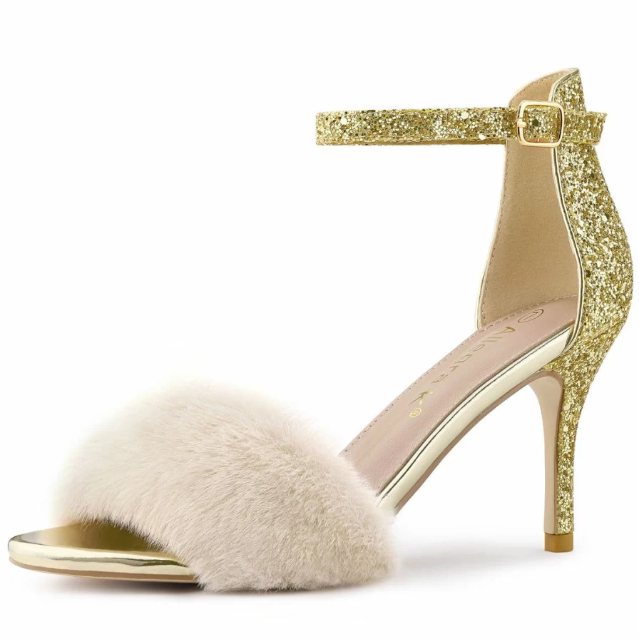 Sparkly Faux Fur Stiletto Heel Sandals for Women - Glamorous Party Shoes