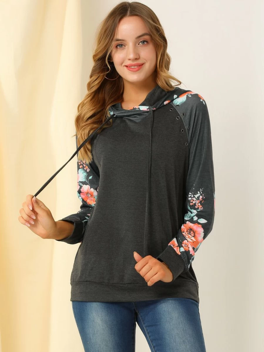 Women's Floral Print Hooded Sweatshirt Long Sleeve Pullover Hoodie Casual Comfortable Top