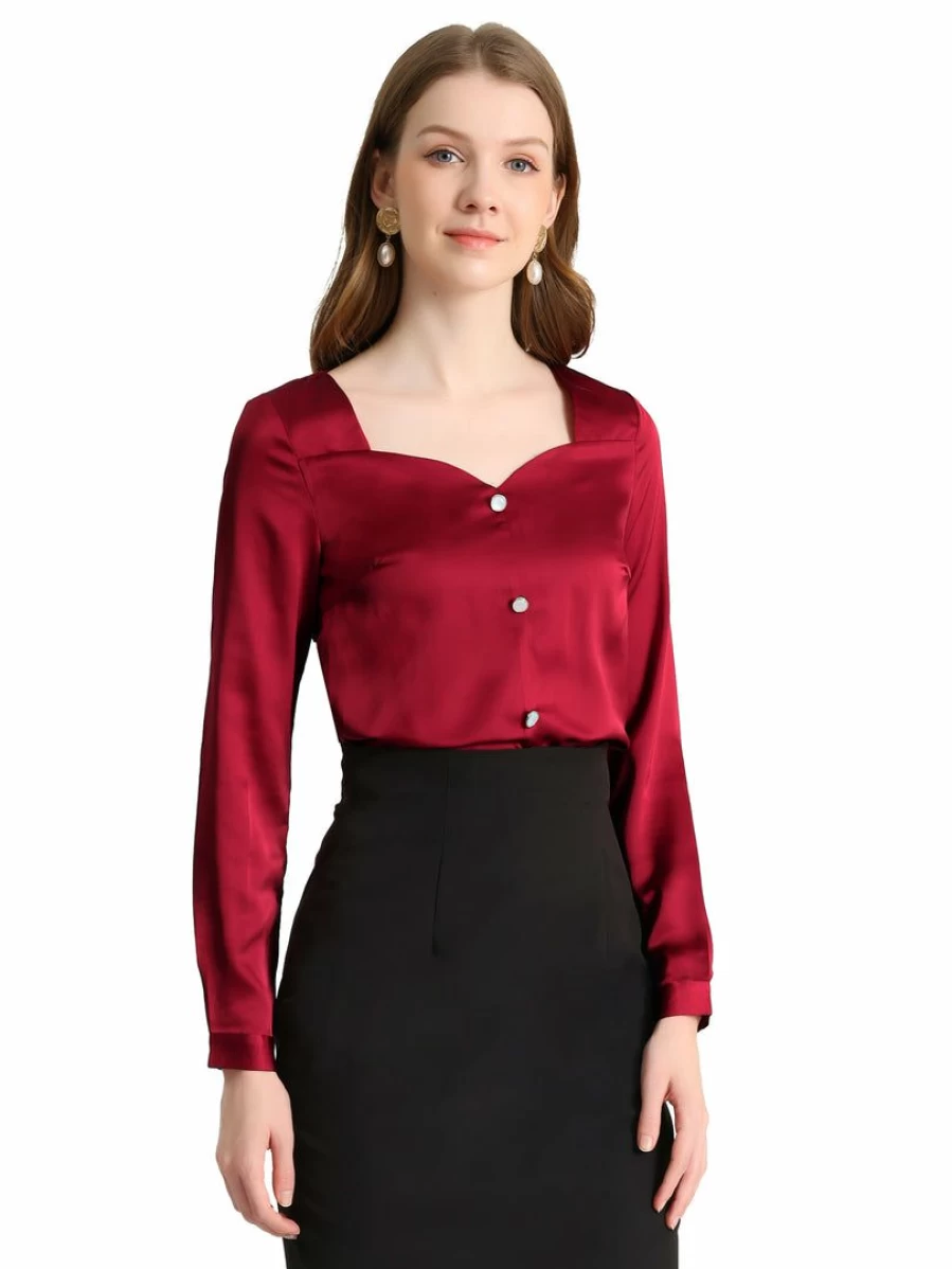 Red Women's Sweetheart Neck Satin Long Sleeve Elegant Blouse for Work