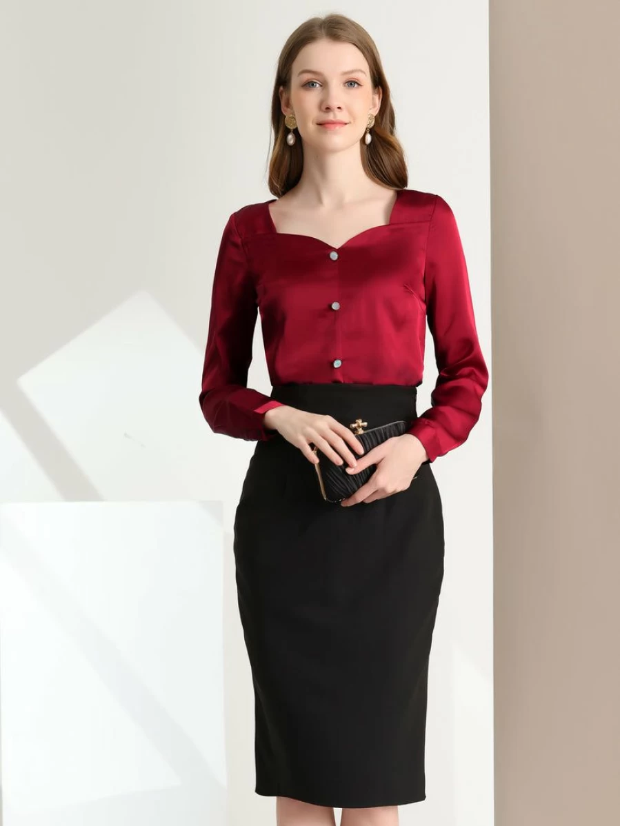 Red Women's Sweetheart Neck Satin Long Sleeve Elegant Blouse for Work