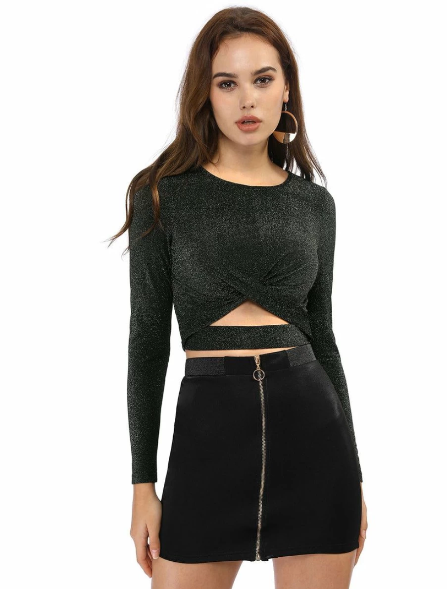 Women's Long Sleeve Glitter Cross Crop Top with Cut Out Detail - Crew Neck Stylish Party Shirt