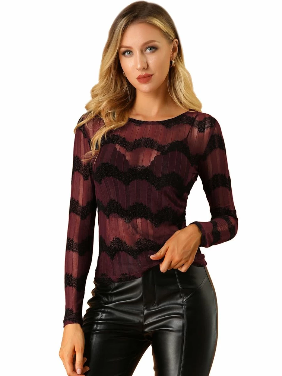 Burgundy Lace Knit Blouse for Women - Long Sleeve Chevron Sheer Fitted Top with Round Neck