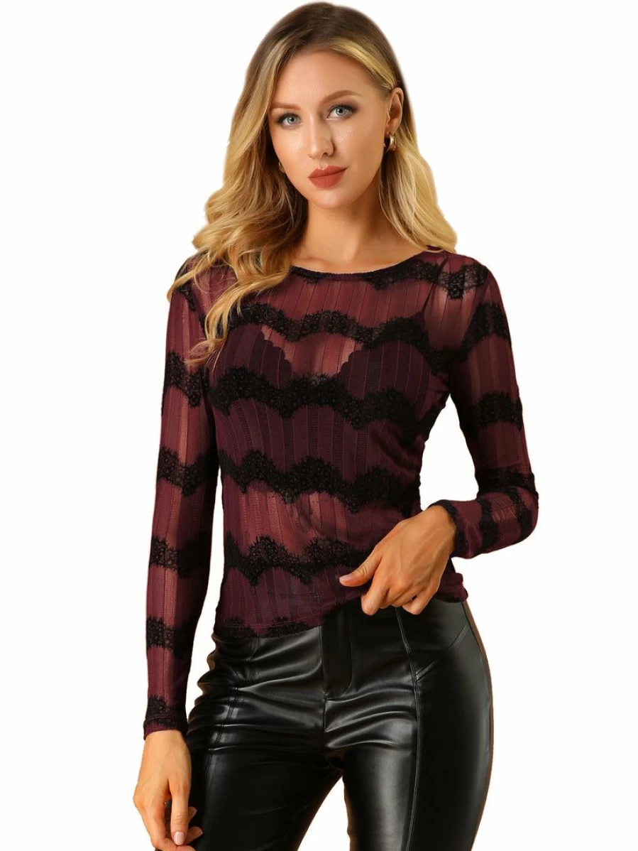 Burgundy Lace Knit Blouse for Women - Long Sleeve Chevron Sheer Fitted Top with Round Neck