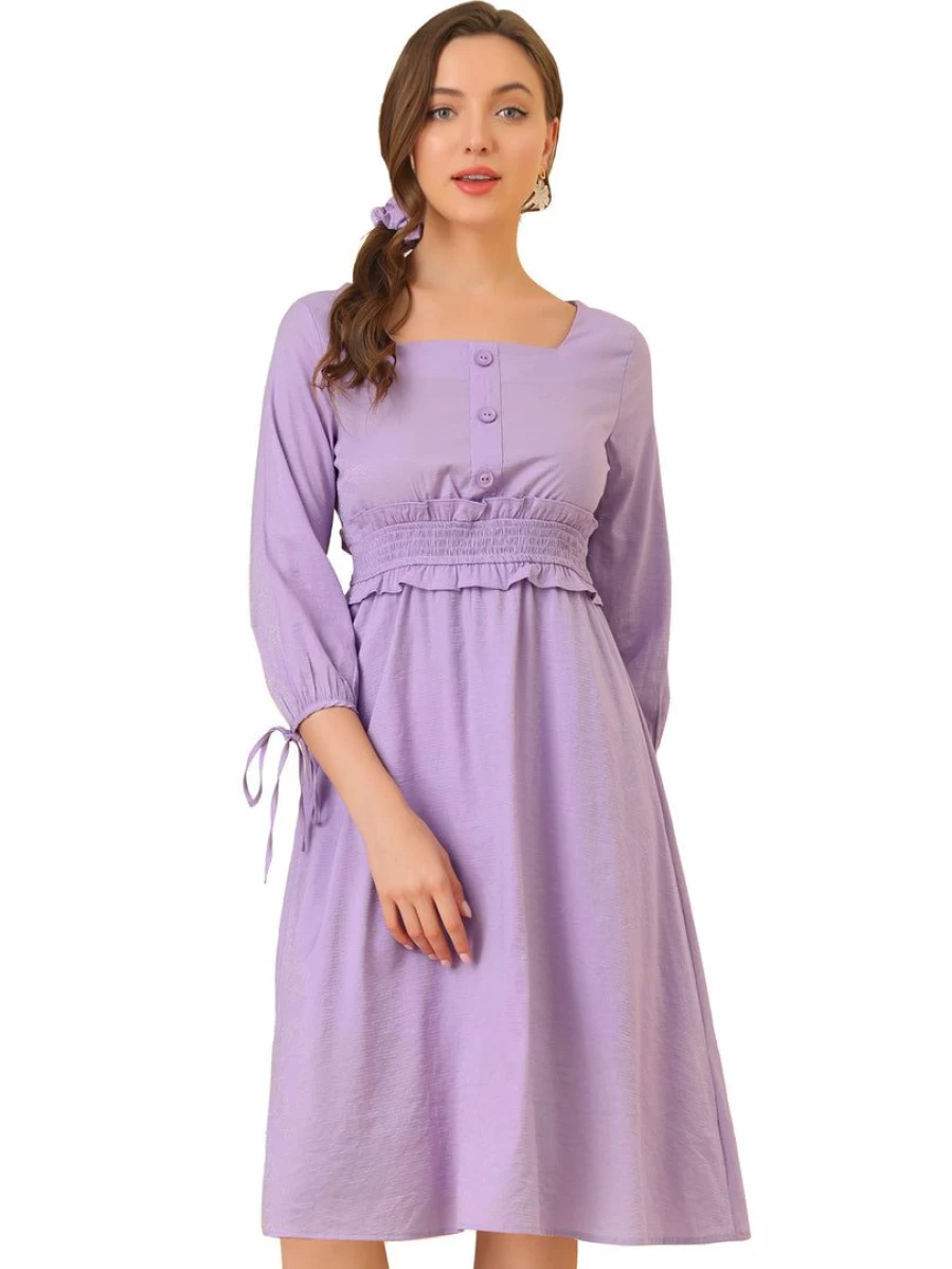 Light Purple Women's 3/4 Sleeve Square Neck Smock Waist Midi Dress with Button Decor