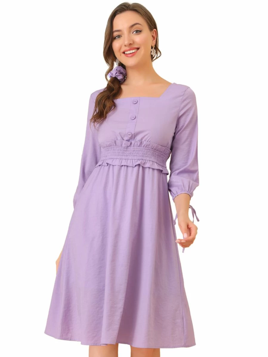 Light Purple Women's 3/4 Sleeve Square Neck Smock Waist Midi Dress with Button Decor