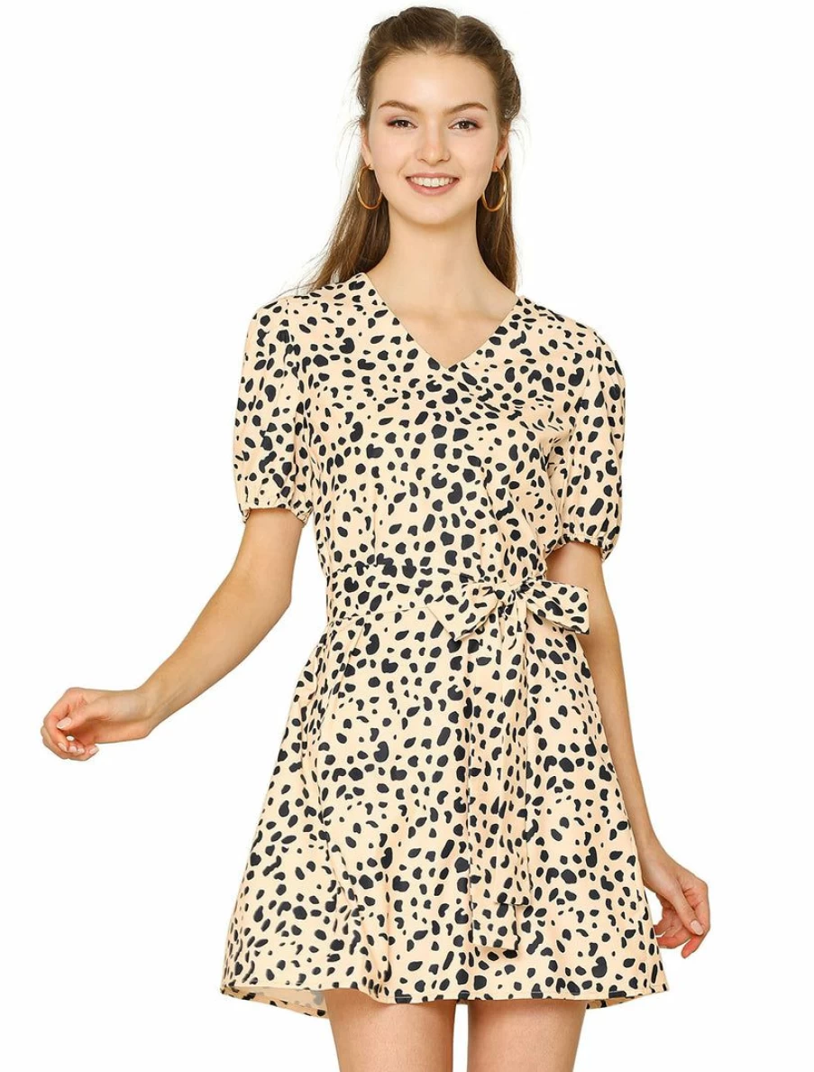 Women's Leopard Print Tie-Waist A-Line Dress with Puff Sleeves and V-Neck