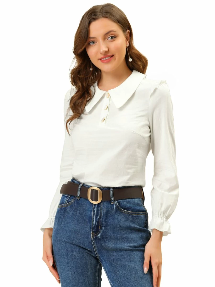 Allegra K Women's White Peter Pan Collar Puff Sleeve Blouse Top Long Sleeve Button Down Shirt