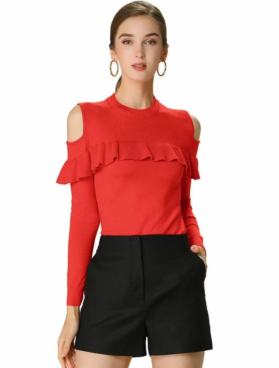 Red Cold Shoulder Knit Top with Ruffle Front for Women - Elegant Sleeveless Blouse