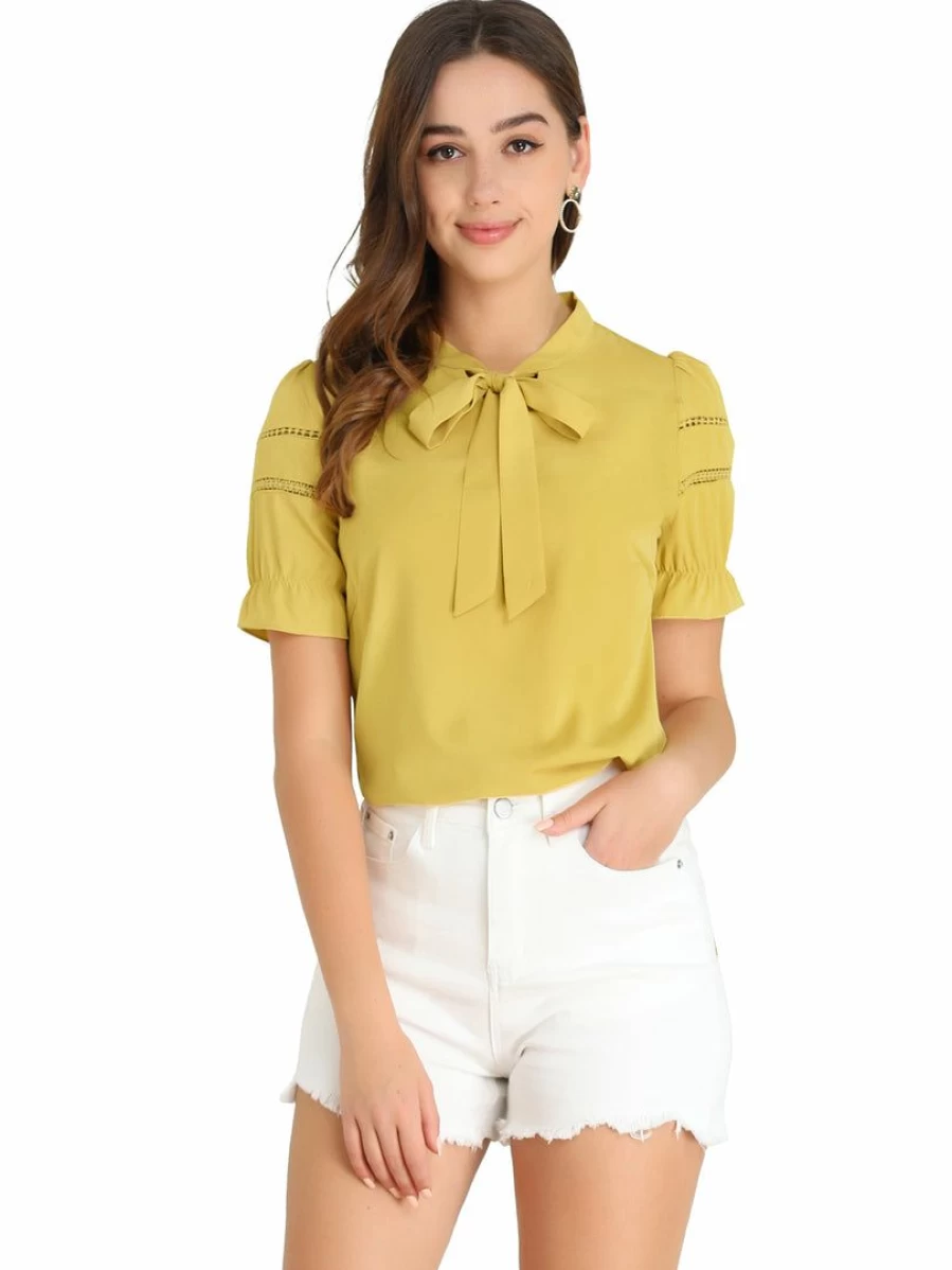 Allegra K Women's Yellow Short Sleeve Blouse with Bow Tie Collar and Ruffle Cuffs