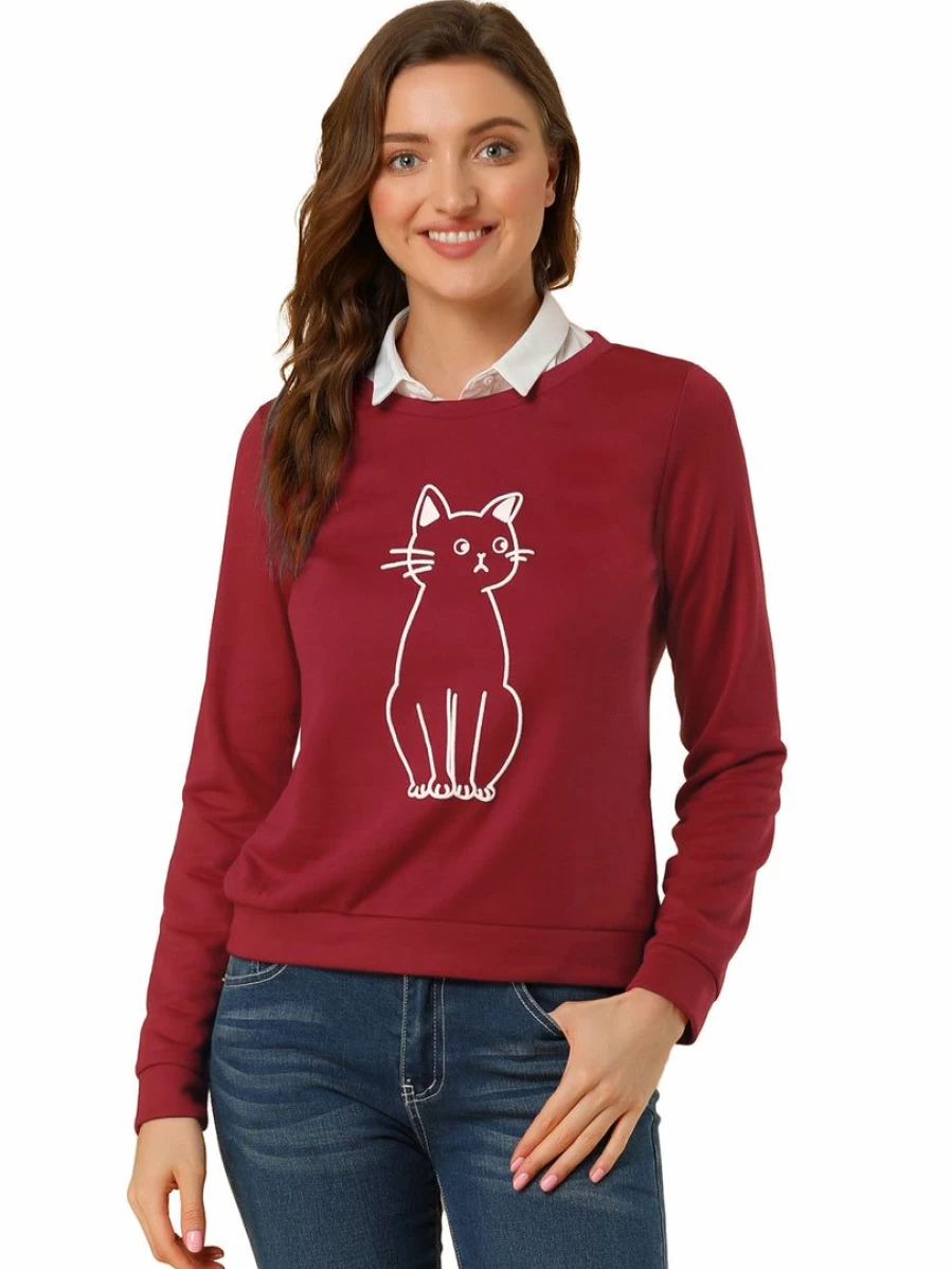 "Stylish Round Neck Cat Print Sweatshirt - Casual Comfort Pullover for Cat Lovers"